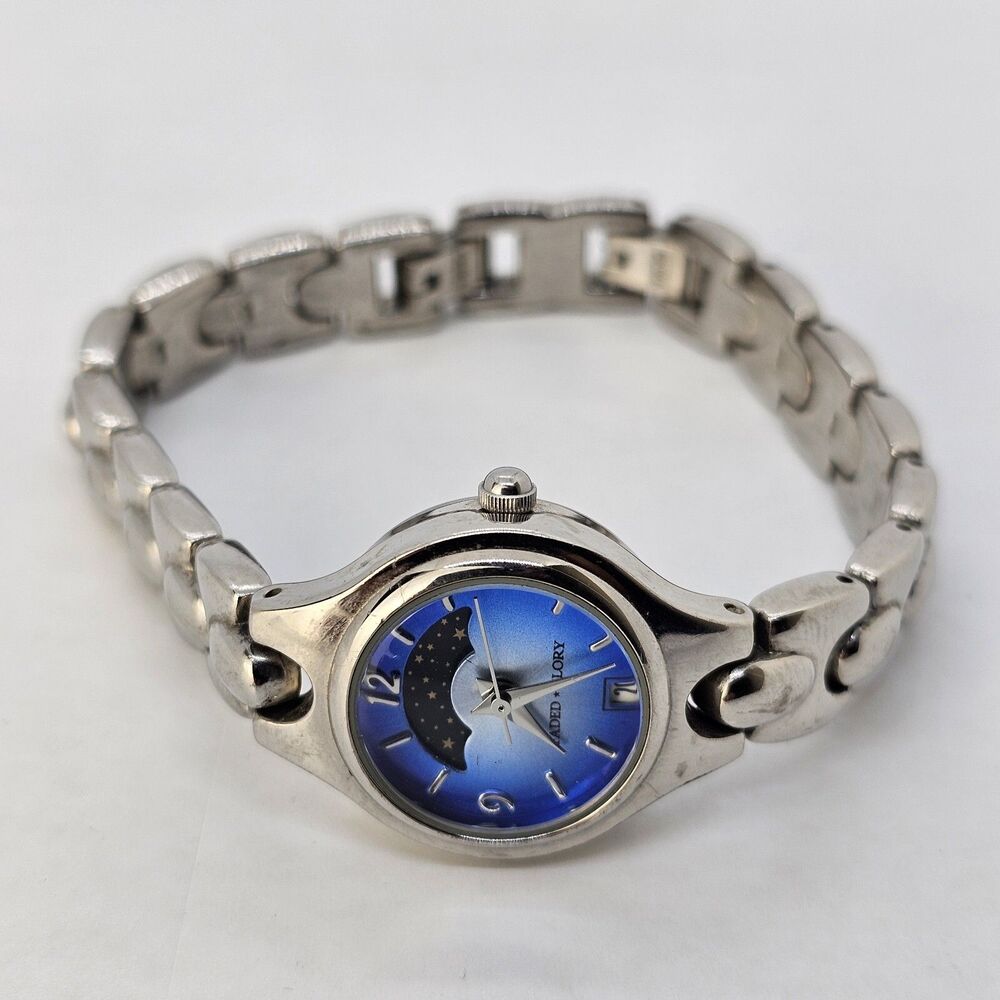 Faded Glory Women's Watch‎ 23MM Gray Blue Dial Moon Phase 7" New Battery